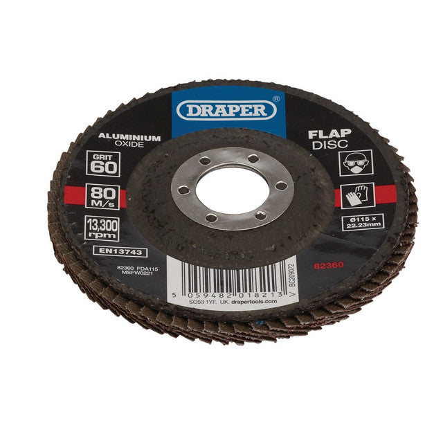 Draper Tools Aluminium Oxide Flap Disc, 115 x 22.23mm, 60 Grit