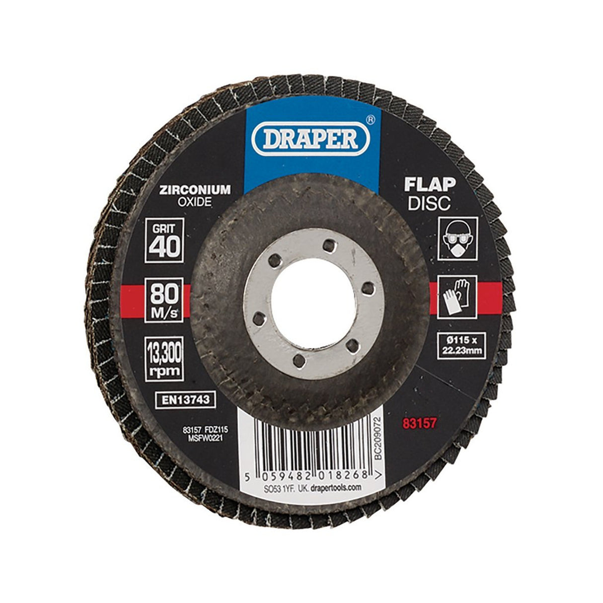 Draper Tools Zirconium Oxide Flap Disc, 115 x 22.23mm, 40 Grit