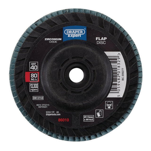 Draper Tools Draper Expert Zirconium Oxide Flap Disc, 115mm, M14, 40 Grit