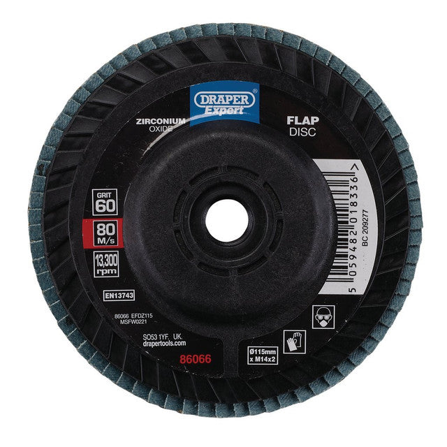 Draper Tools Draper Expert Zirconium Oxide Flap Disc, 115mm, M14, 60 Grit