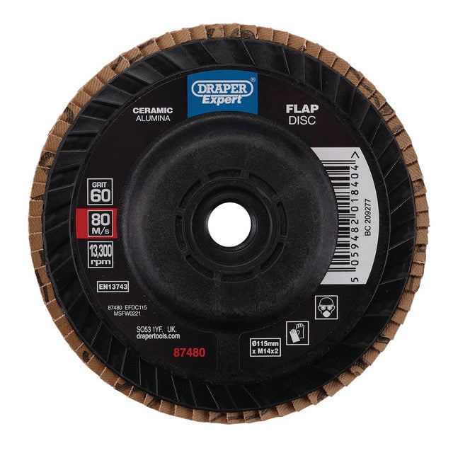 Draper Tools Draper Expert Ceramic Flap Disc, 115mm, M14, 60 Grit