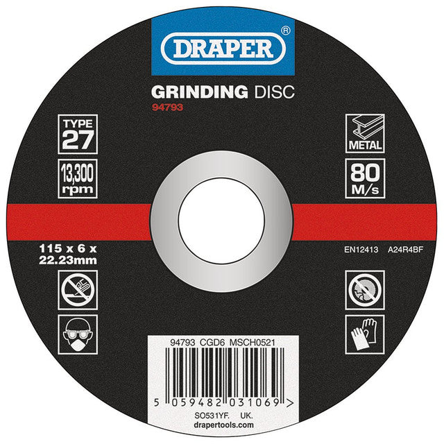 Draper Tools Dpc Metal Grinding Disc, 115 x 6 x 22.23mm