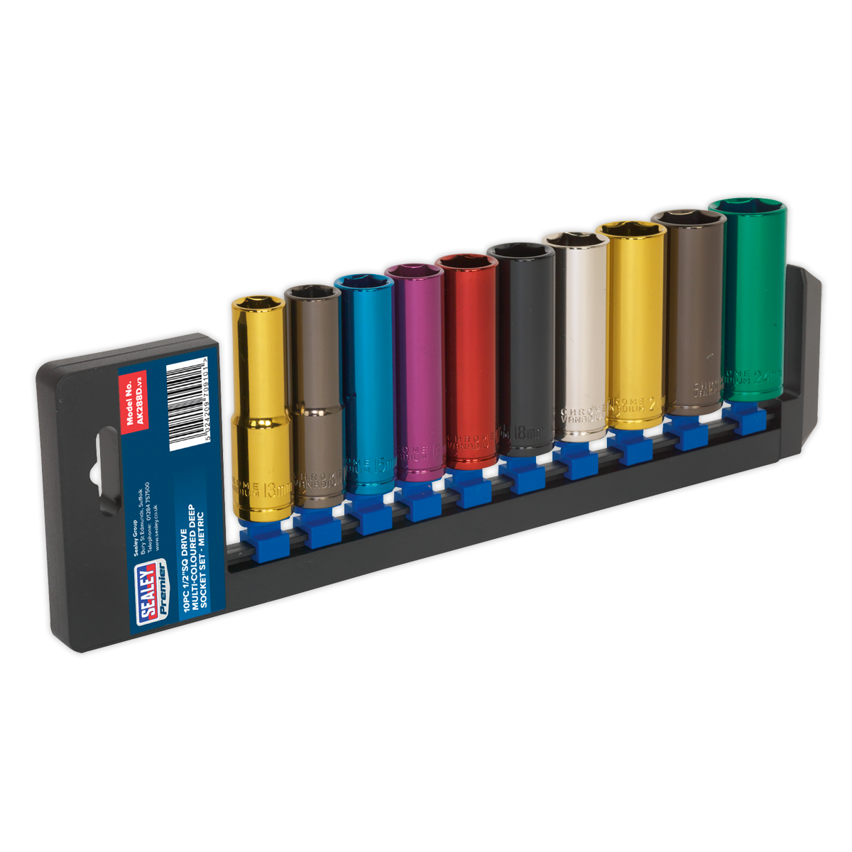 Sealey Multi-Coloured Socket Set 10pc 1/2"Sq Drive 6pt Deep WallDrive® Metric