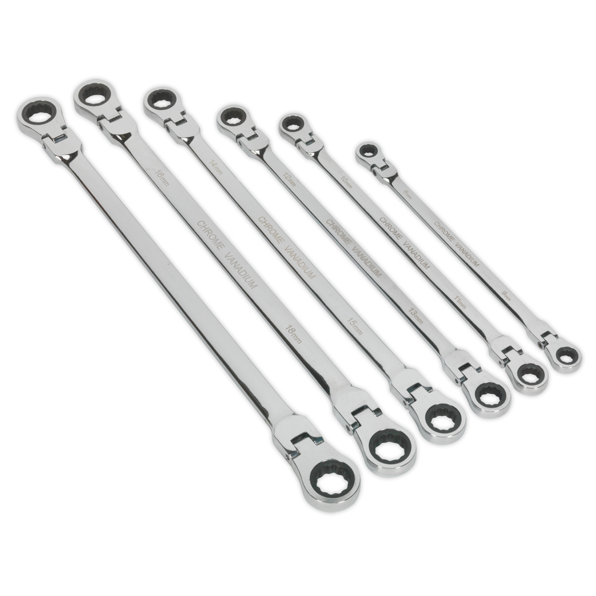 Sealey Flexi-Head Double End Ratchet Ring Spanner Set 6pc Extra-Long Metric