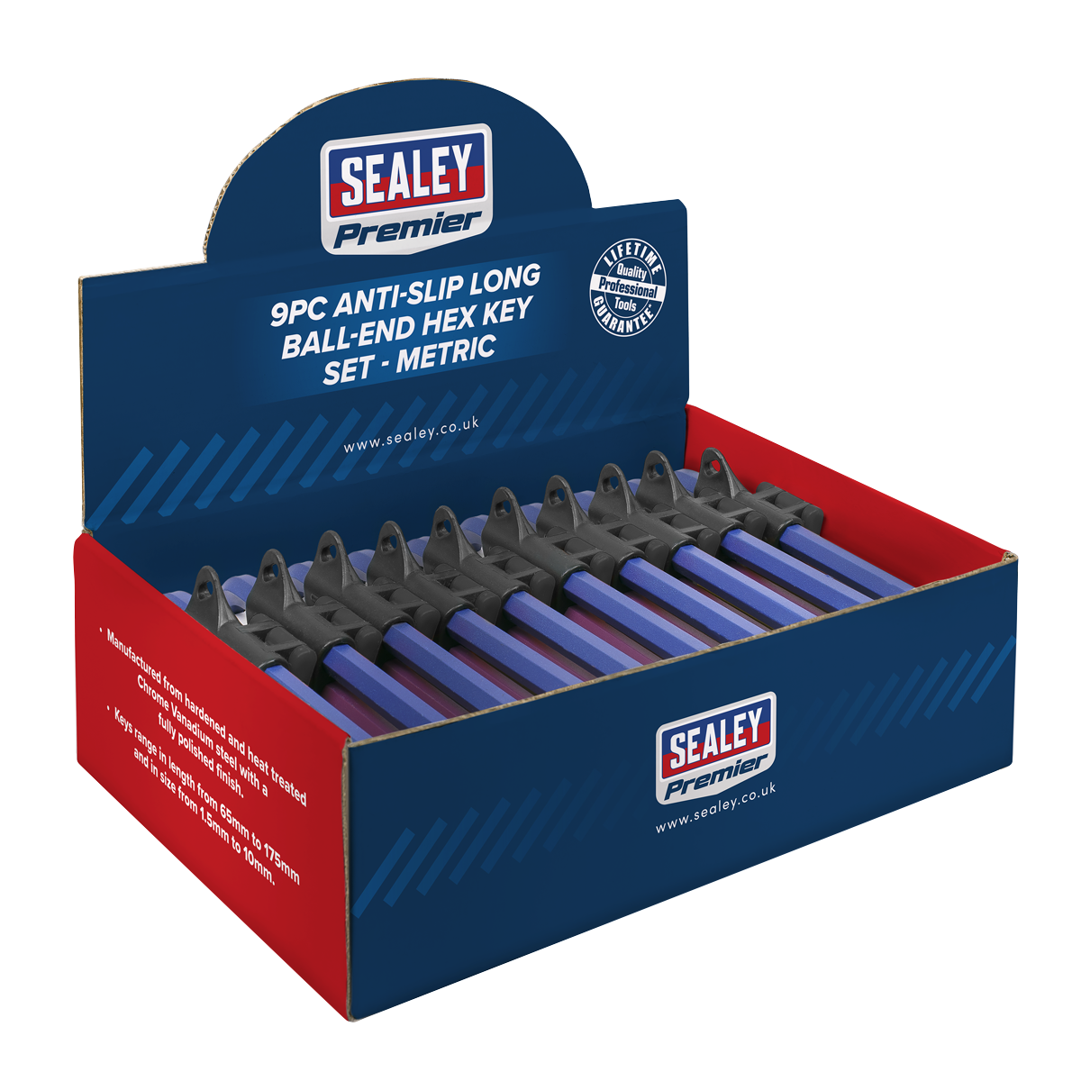 Sealey Ball-End Hex Key Set 9pc Colour-Coded Long Metric - Display Box of 10