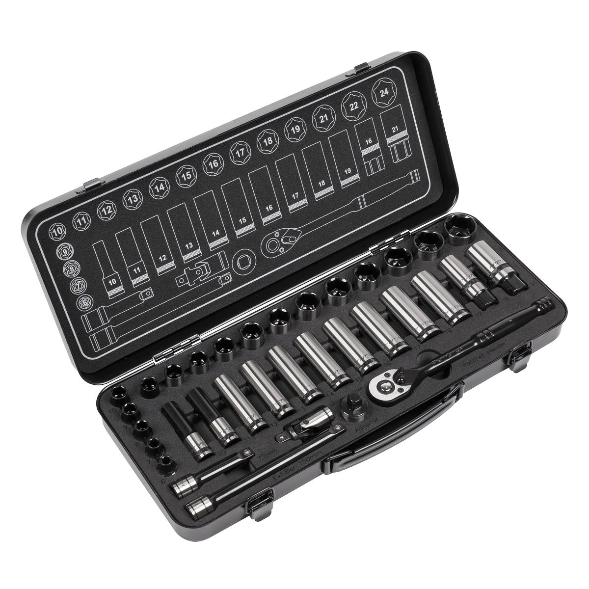 Sealey Socket Set 34pc 3/8"Sq Drive WallDrive® Metric Black Series