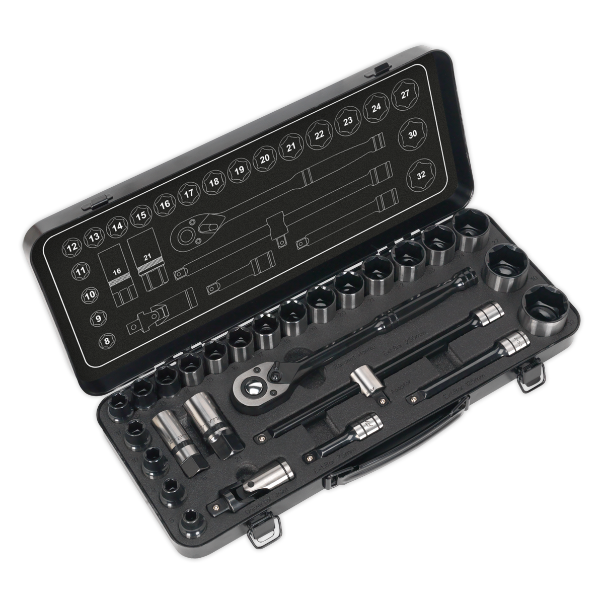 Sealey Socket Set 28pc 1/2"Sq Drive 6pt WallDrive® Metric Black Series