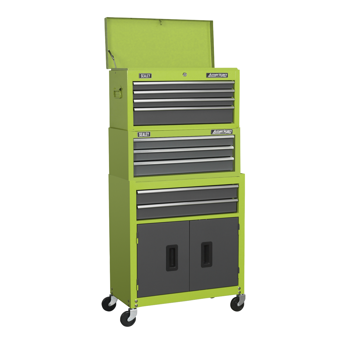 Sealey Topchest, Mid-Box & Rollcab 9 Drawer Stack - Hi-Vis Green