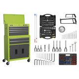 Sealey 6 Drawer Topchest & Rollcab Combination with Ball-Bearing Slides - Hi-Vis Green/Grey & 170pc Tool Kit
