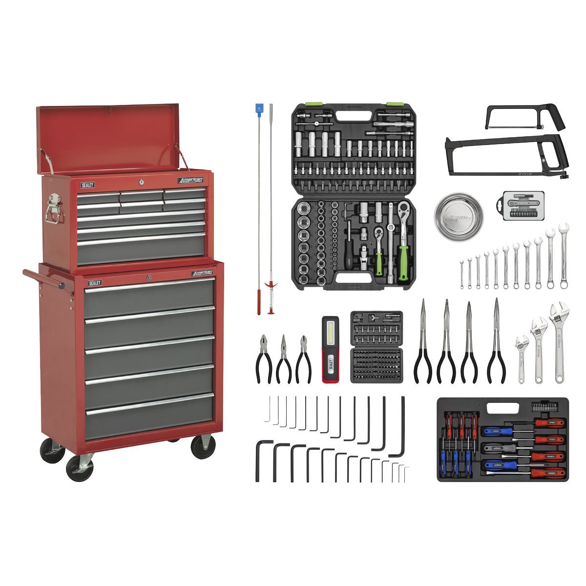 Sealey Topchest & Rollcab Combination 14 Drawer with Ball-Bearing Slides - Red/Grey & 281pc Tool Kit