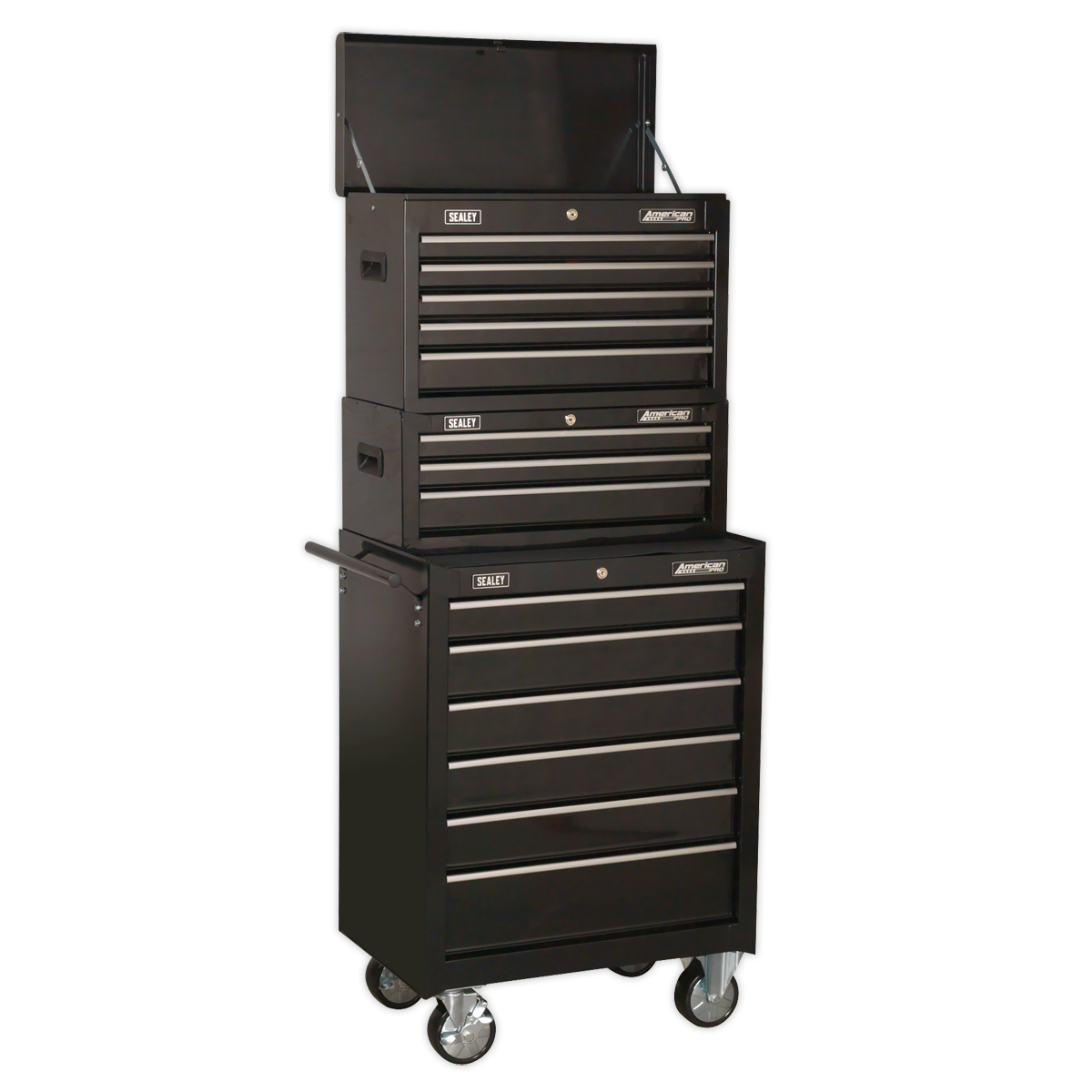 Sealey Topchest, Mid-Box & Rollcab 14 Drawer Stack - Black