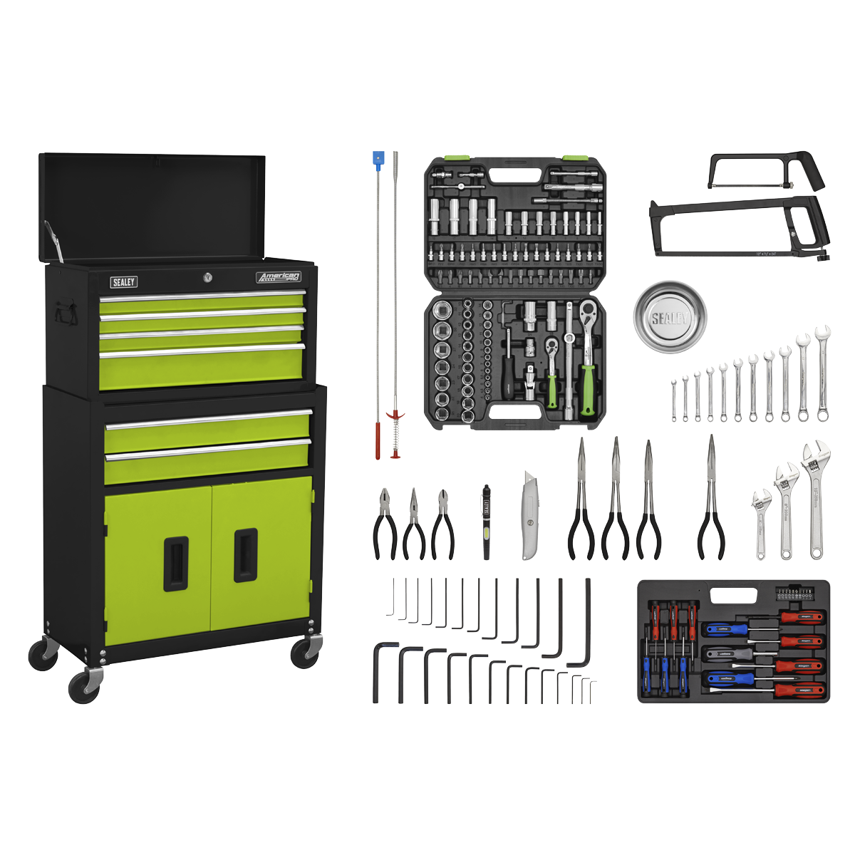 Sealey Topchest & Rollcab Combination 6 Drawer with Ball-Bearing Slides - Green/Black & 170pc Tool Kit