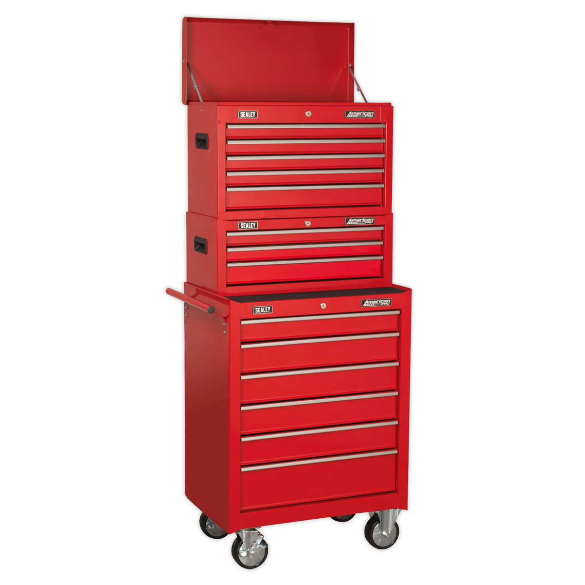 Sealey Topchest, Mid-Box & Rollcab 14 Drawer Stack - Red