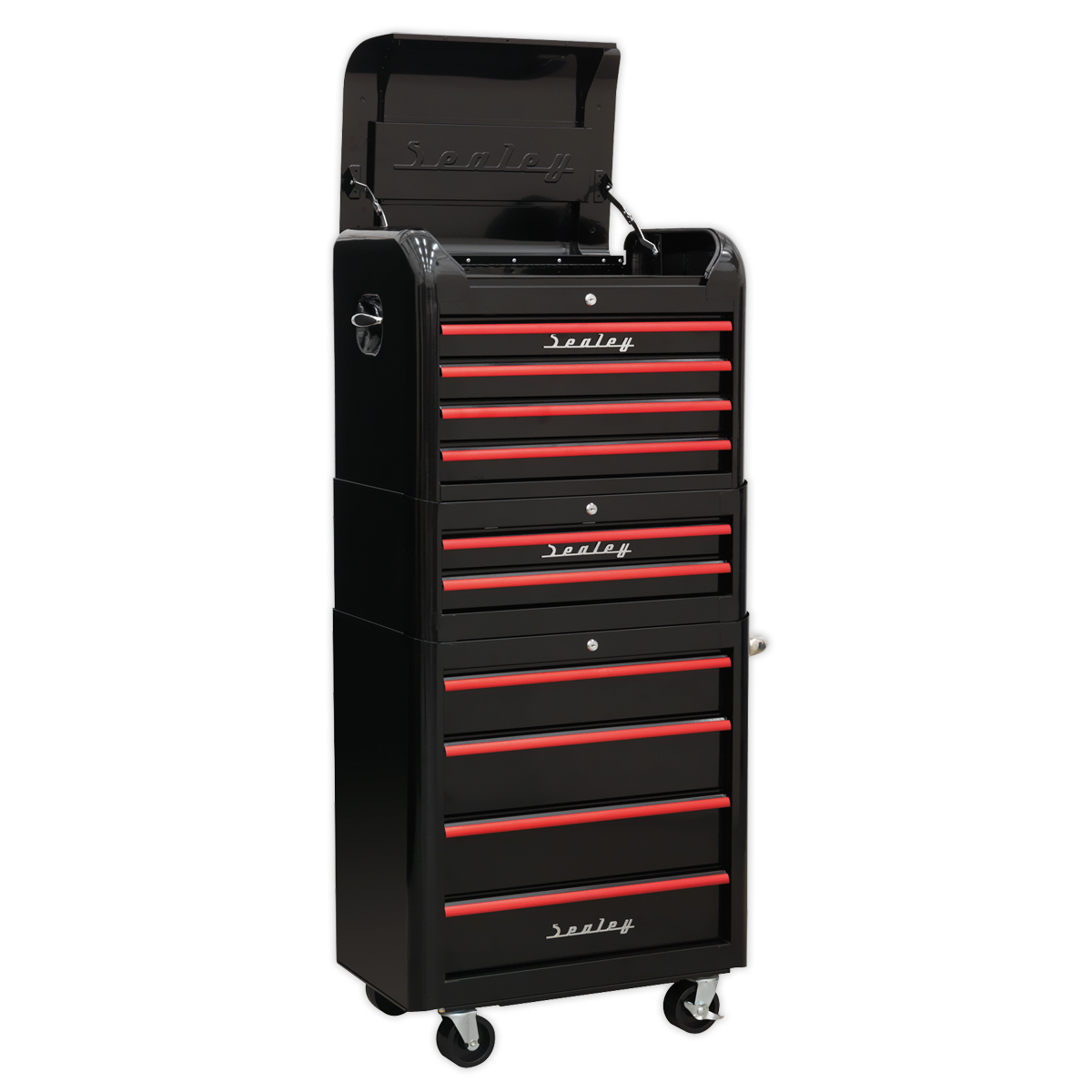 Sealey Retro Style Topchest, Mid-Box & Rollcab Combination 10 Drawer - Black with Red Anodised Drawer Pulls