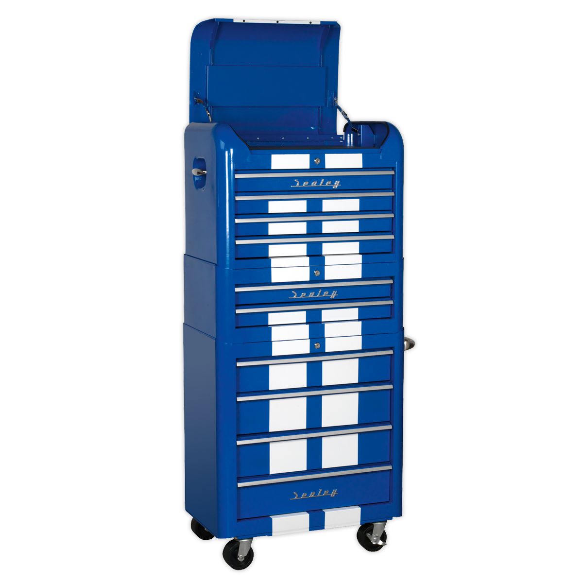 Sealey Retro Style Topchest, Mid-Box & Rollcab Combination 10 Drawer Blue/White Stripes