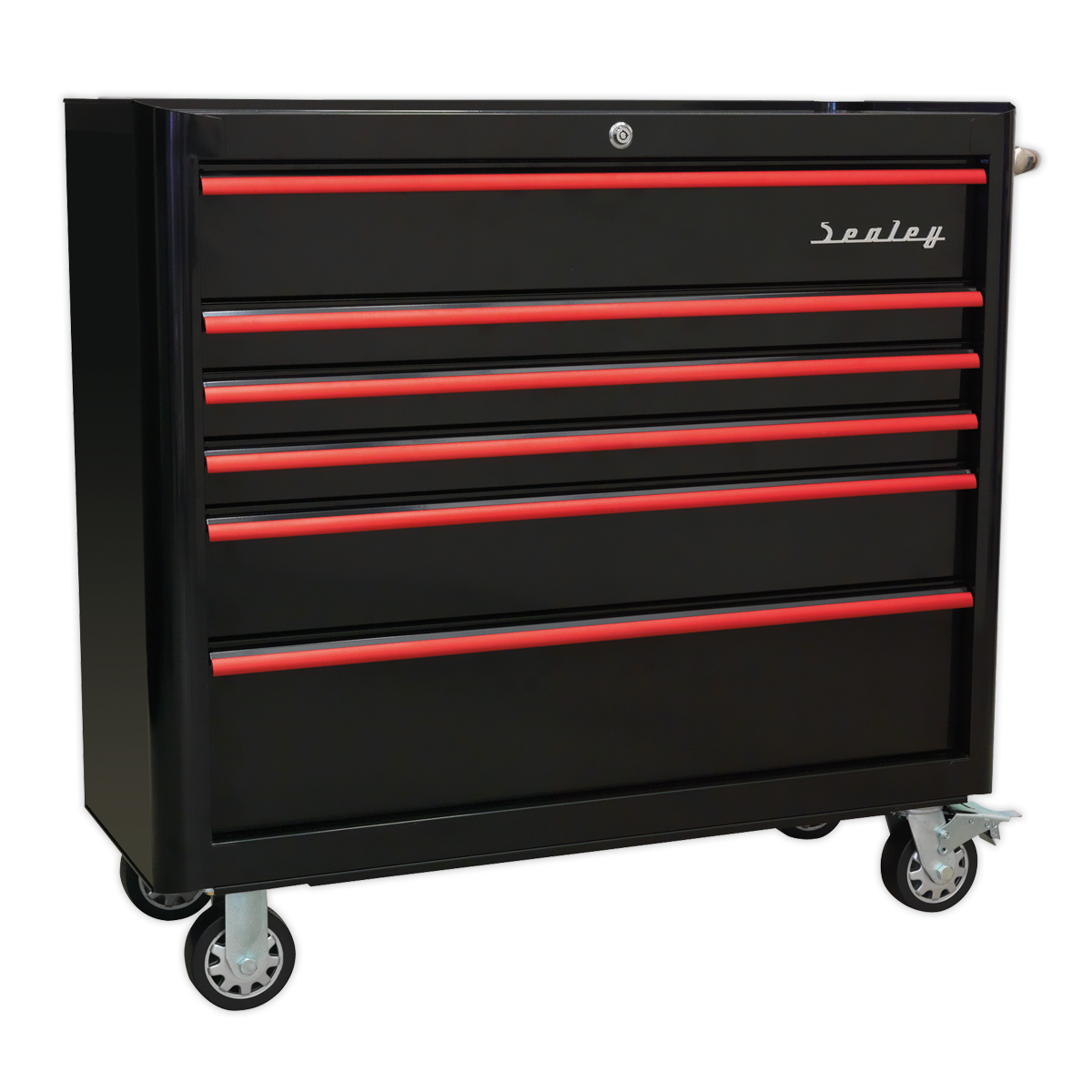 Sealey Rollcab 6 Drawer Wide Retro Style - Black with Red Anodised Drawer Pulls