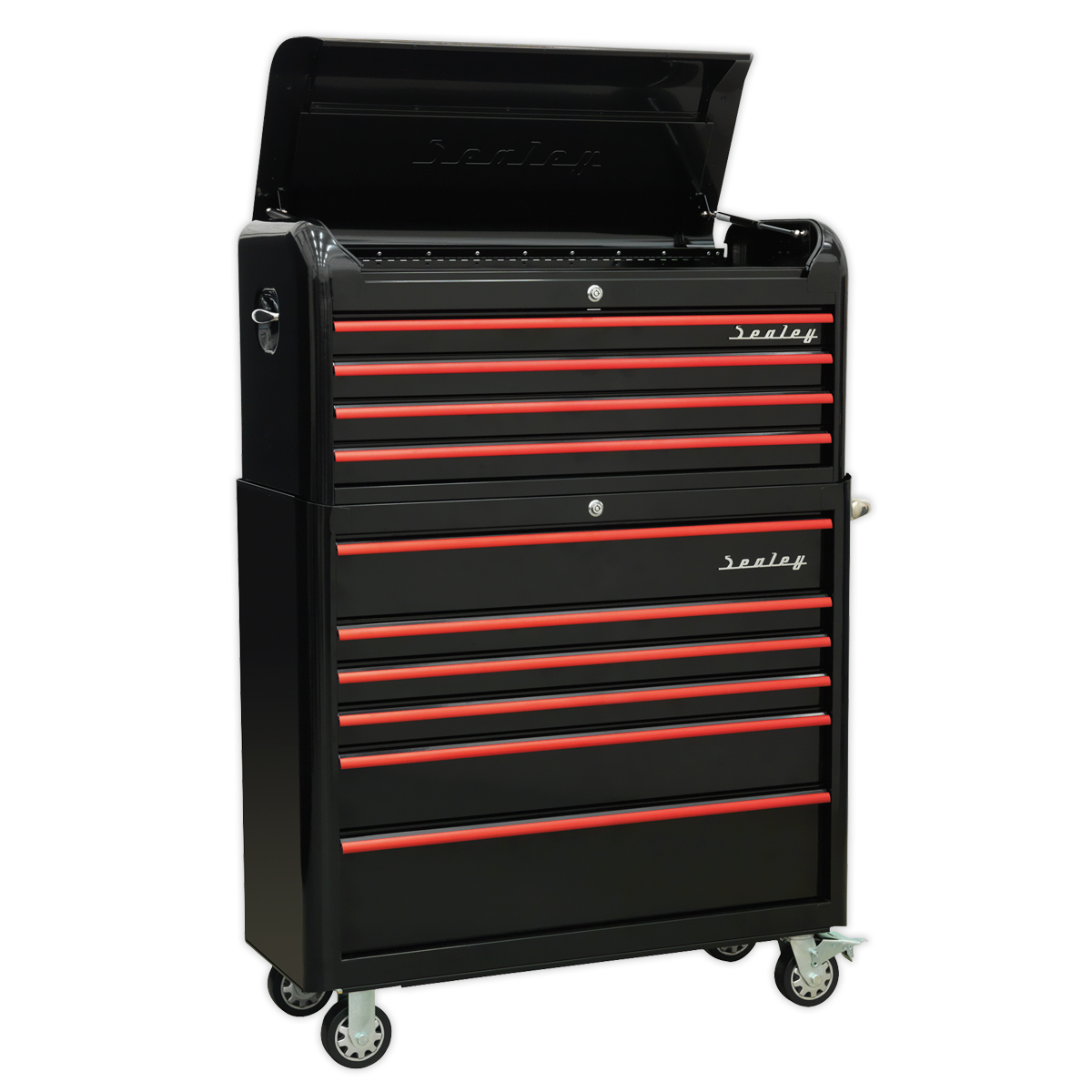 Sealey Retro Style Wide Topchest & Rollcab Combination 10 Drawer-Black with Red Anodised Drawer Pull