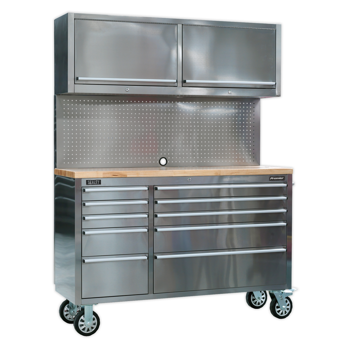 Sealey Mobile Stainless Steel Tool Cabinet 10 Drawer with Backboard & 2 Wall Cupboards