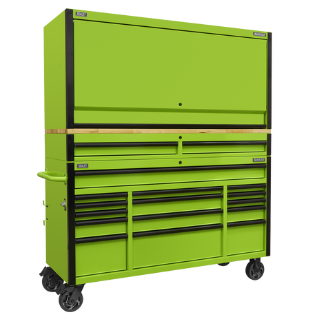 Sealey 15 Drawer 1549mm Mobile Trolley with Wooden Worktop and Hutch and 2 Drawer Riser