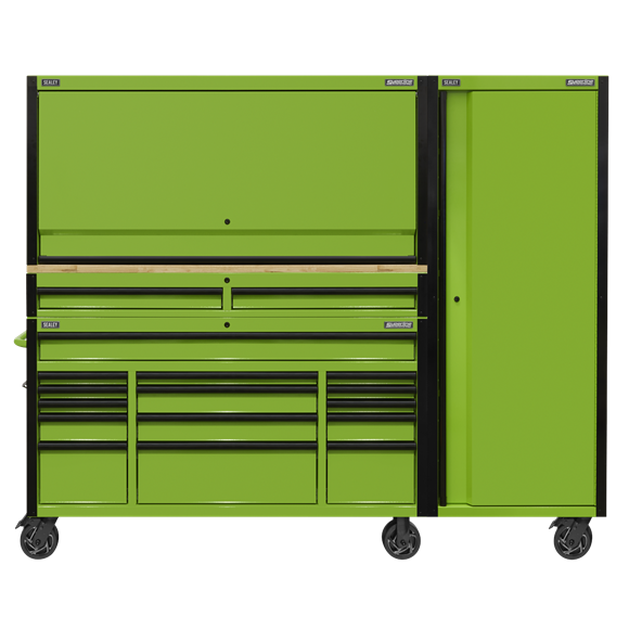 Sealey 15 Drawer 1549mm Mobile Trolley with Wooden Worktop, Hutch, 2 Drawer Riser & Side Locker