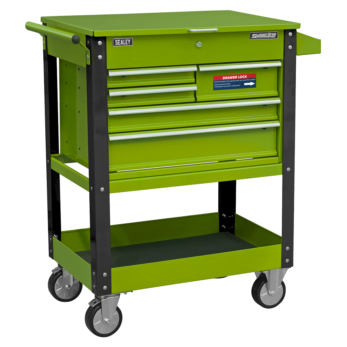 Sealey Heavy-Duty Mobile Tool & Parts Trolley with 5 Drawers and Lockable Top- Hi-Vis Green