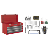 Sealey Portable Tool Chest 3 Drawer with Ball-Bearing Slides - Red/Grey & 93pc Tool Kit