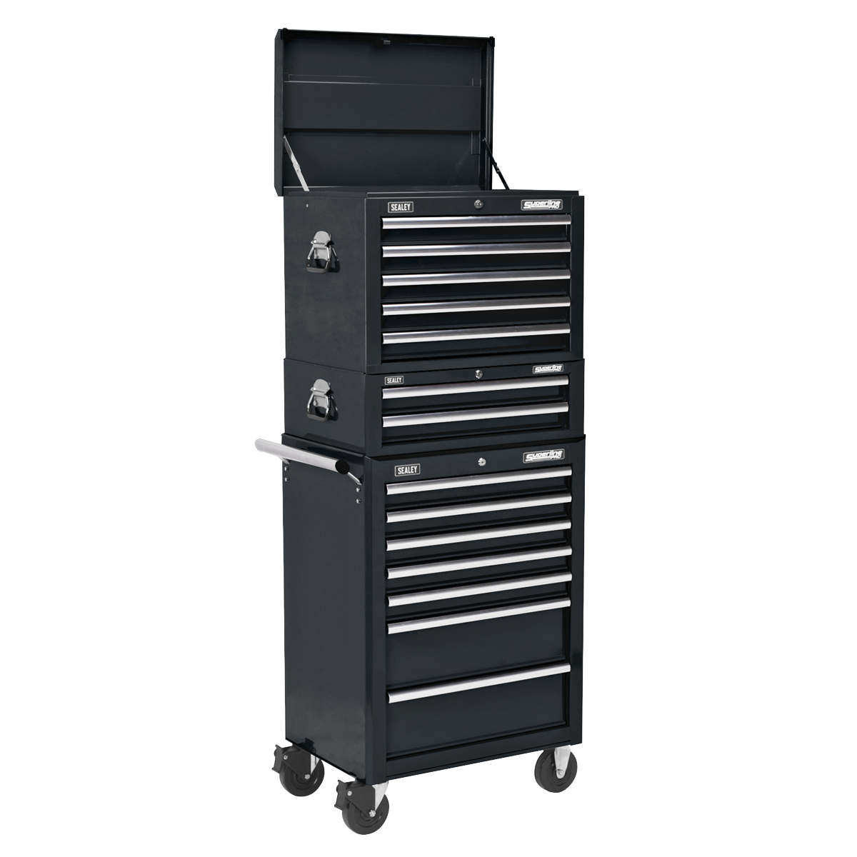 Sealey Topchest, Mid-Box & Rollcab Combination 14 Drawer with Ball-Bearing Slides - Black