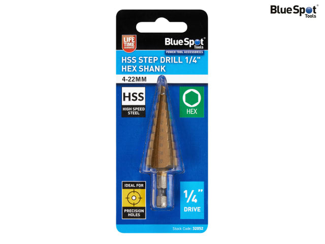 BlueSpot Tools HSS 1/4in Hex Shank Step Drill 4-22mm