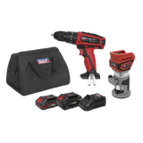 Sealey 2 x 20V SV20 Series Cordless Router & Combi Drill Kit - 2 Batteries
