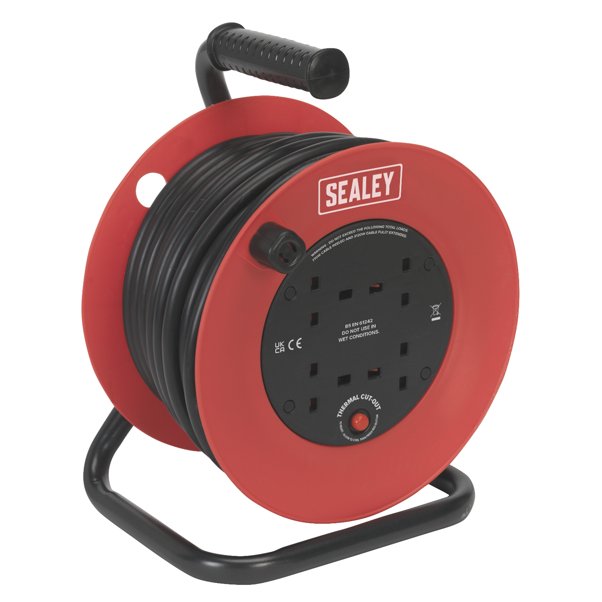 Sealey Cable Reel 25m 4 x 230V 2.5mm² Heavy-Duty Thermal Trip