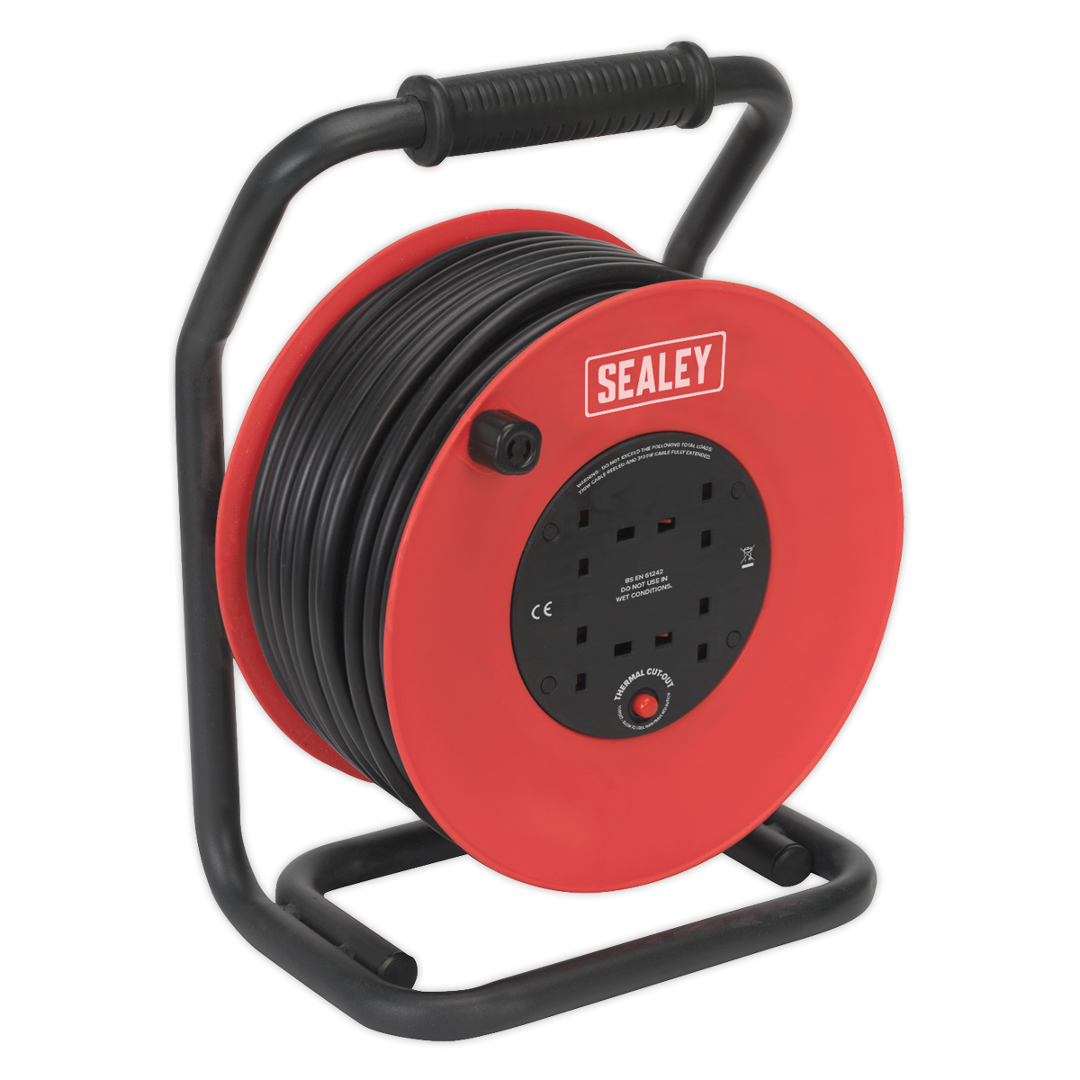 Sealey Cable Reel 50m 4 x 230V 2.5mm² Heavy-Duty Thermal Trip