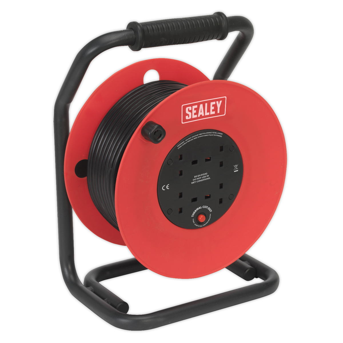 Sealey Cable Reel 50m 4 x 230V 1.5mm² Heavy-Duty Thermal Trip