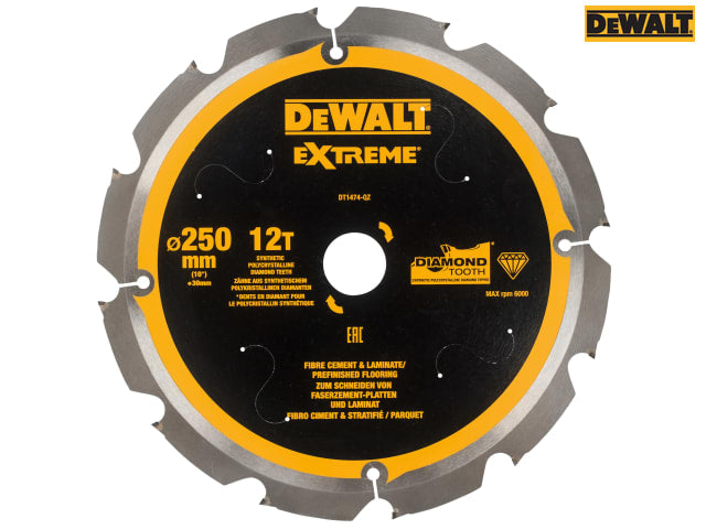 DEWALT Extreme PCD Fibre Cement Saw Blade 250 x 30mm x 12T