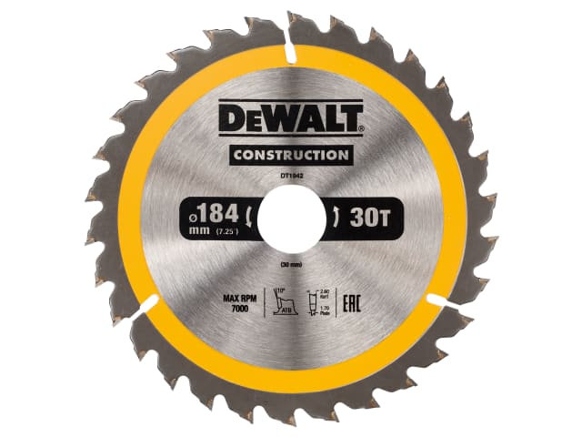 DEWALT Portable Construction Circular Saw Blade 184 x 30mm x 30T