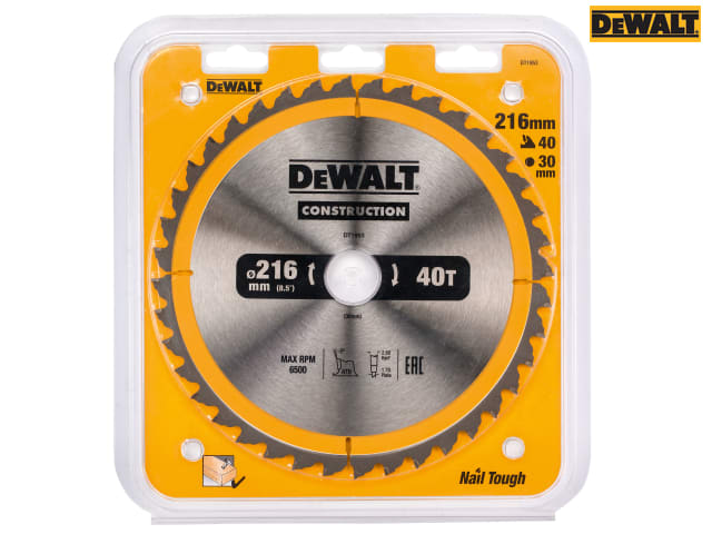 DEWALT Stationary Construction Circular Saw Blade 216 x 30mm x 40T ATB/Neg