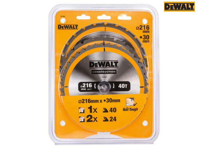 DEWALT DT1962 Construction Circular Saw Blade 3 Pack 216 x 30mm 2 x 24T 1 x 40T