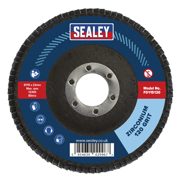 Sealey 120Grit Flap Discs Zirconium Ø115mm Ø22mm Bore - Pack of 10