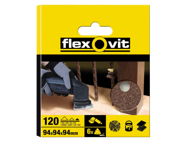 Flexovit Delta Hook & Loop Sanding Sheets 94mm Fine 120G (Pack 6)