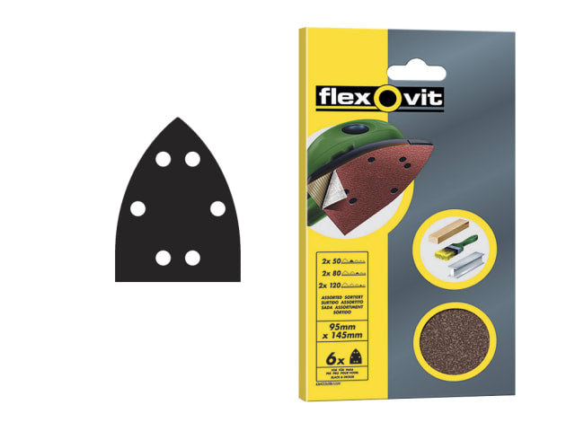 Flexovit Detail Hook & Loop Sanding Sheets 95x145mm Assorted (Pack 6)