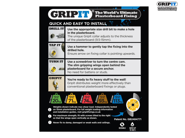 Gripit Yellow Plasterboard Fixings 15mm (Pack 25)