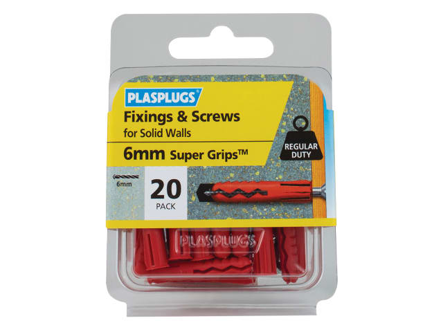 Plasplugs Solid Wall Super Grips Fixings Red & Screws Pack of 20