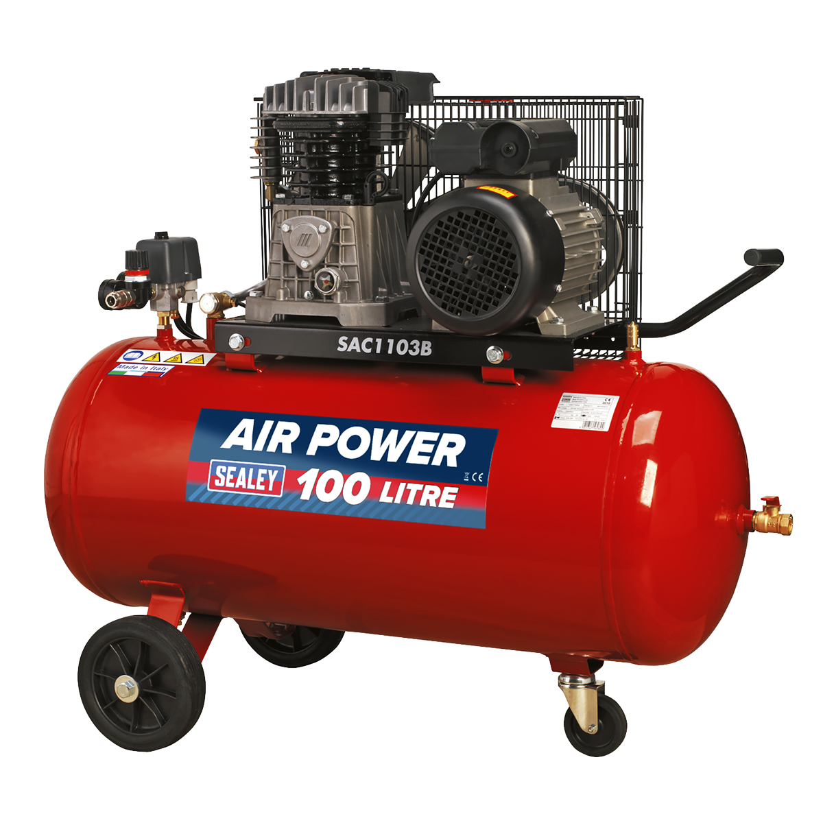 Sealey Air Compressor 100L Belt Drive 3hp with Cast Cylinders & Wheels SAC1103B