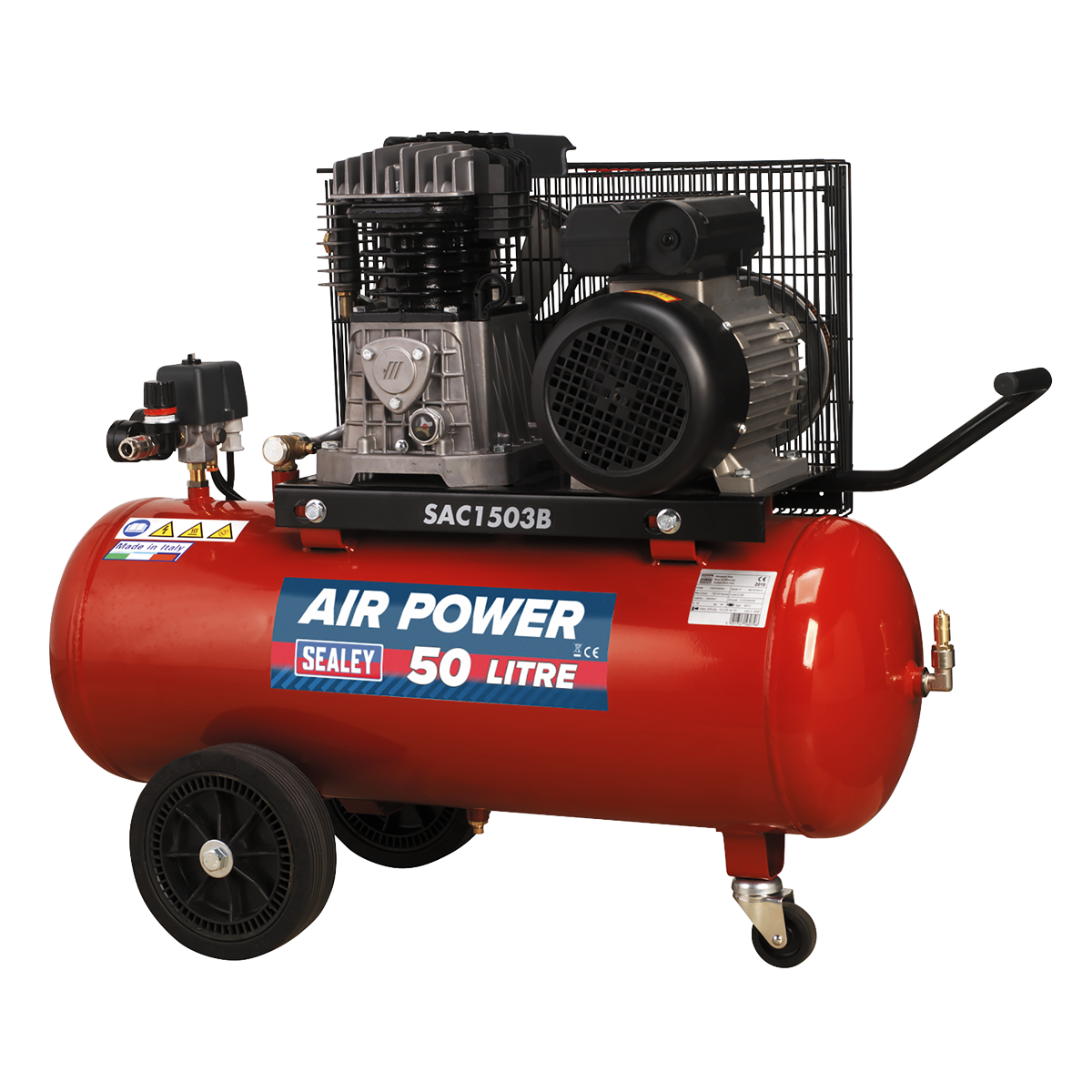 Sealey Air Compressor 50L Belt Drive 3hp with Cast Cylinders & Wheels