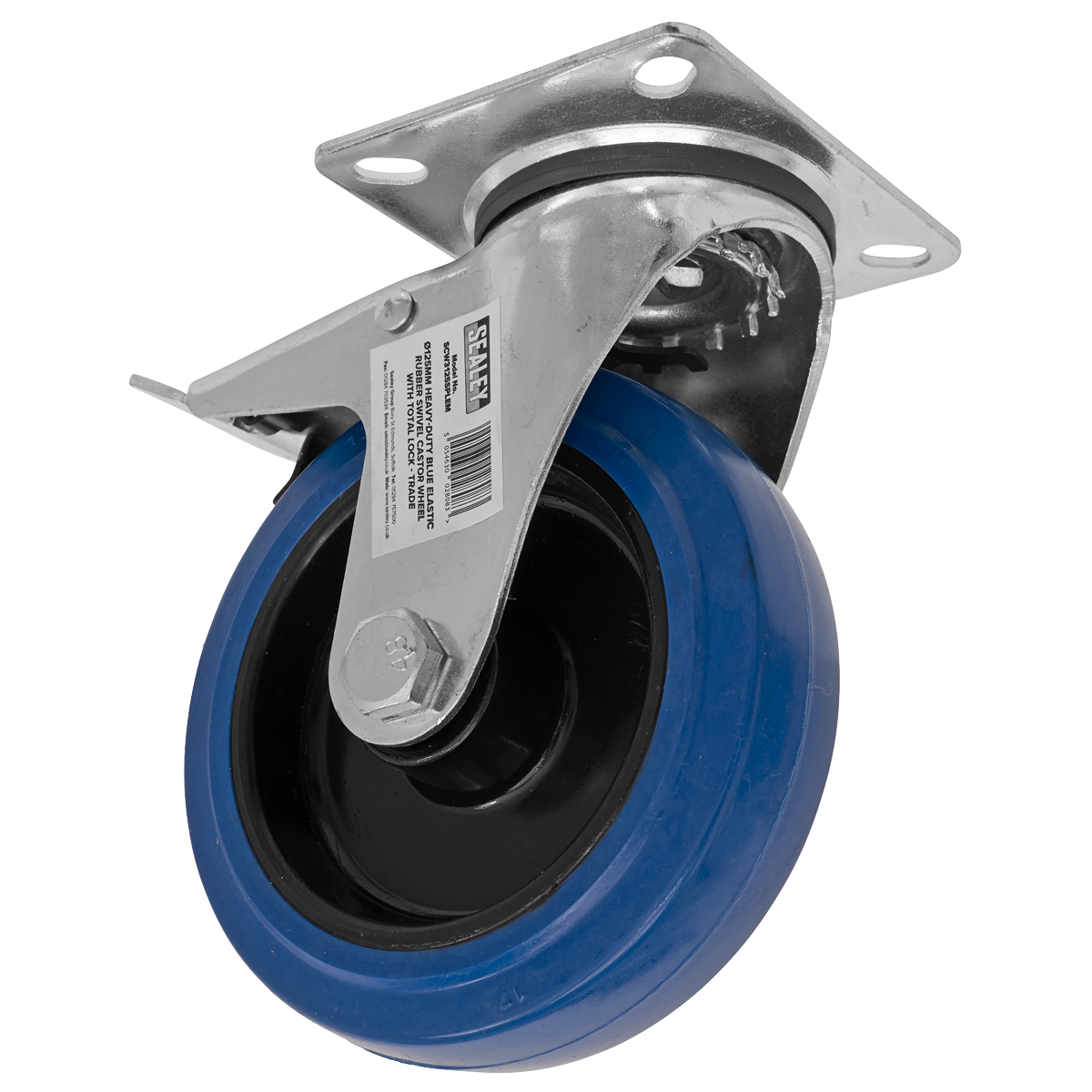 Sealey Heavy-Duty Blue Elastic Rubber Swivel Castor Wheel with Total Lock Ø125mm - Trade