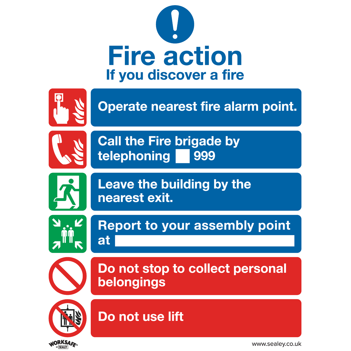 Sealey Safe Conditions Safety Sign - Fire Action With Lift - Rigid Plastic