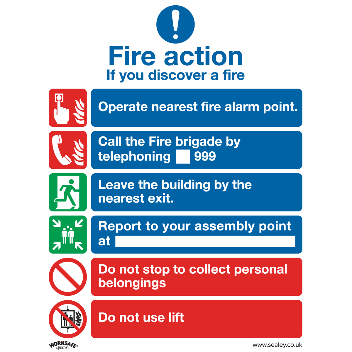 Sealey Safe Conditions Safety Sign - Fire Action With Lift - Self-Adhesive Vinyl