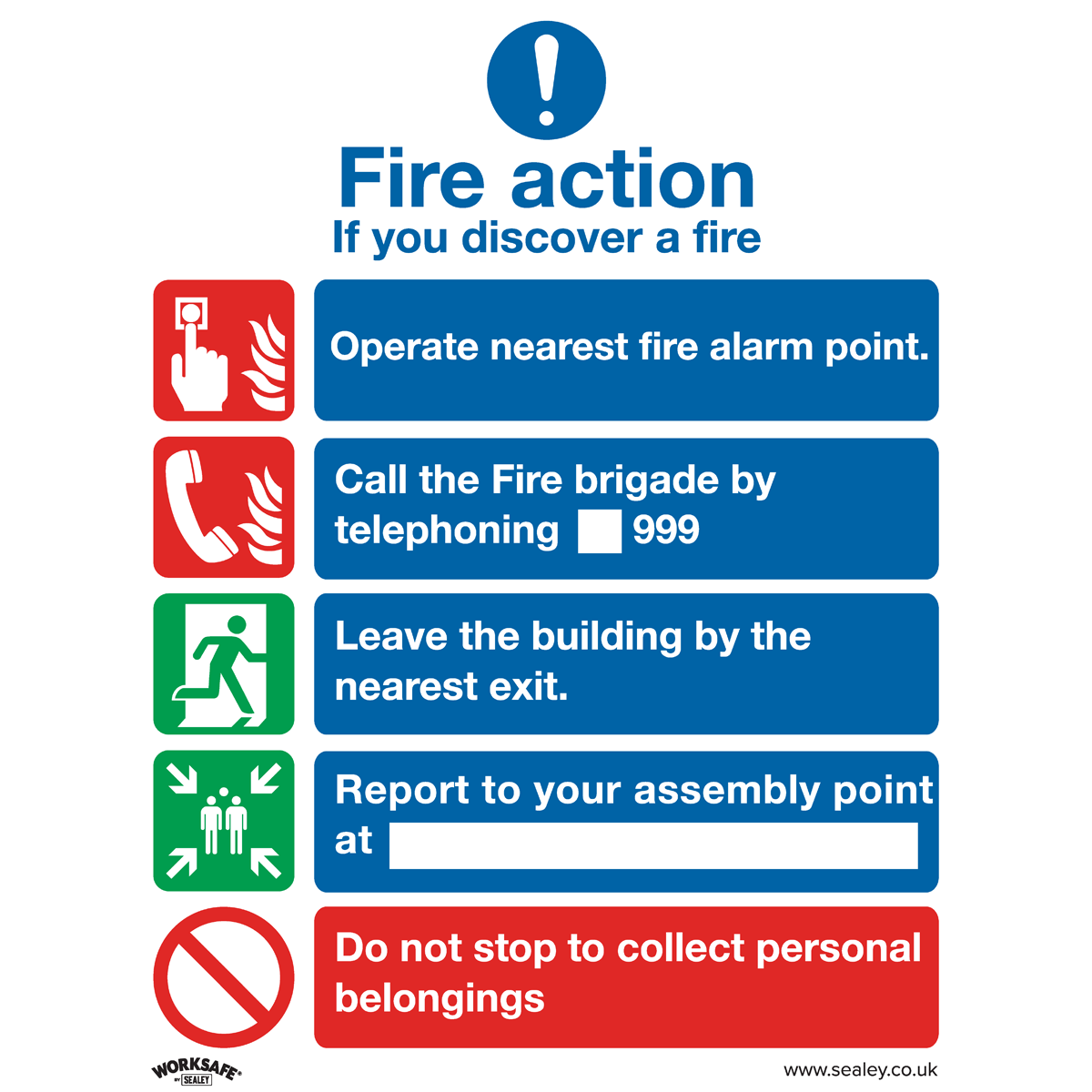 Sealey Safe Conditions Safety Sign - Fire Action Without Lift - Rigid Plastic