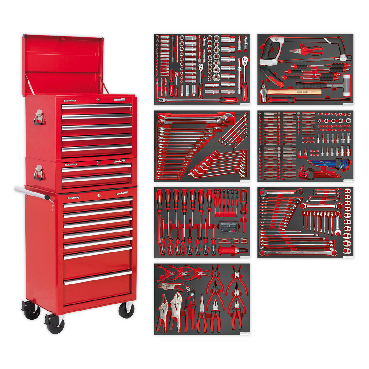 Sealey Tool Chest Combination 14 Drawer with Ball-Bearing Slides - Red & 446pc Tool Kit