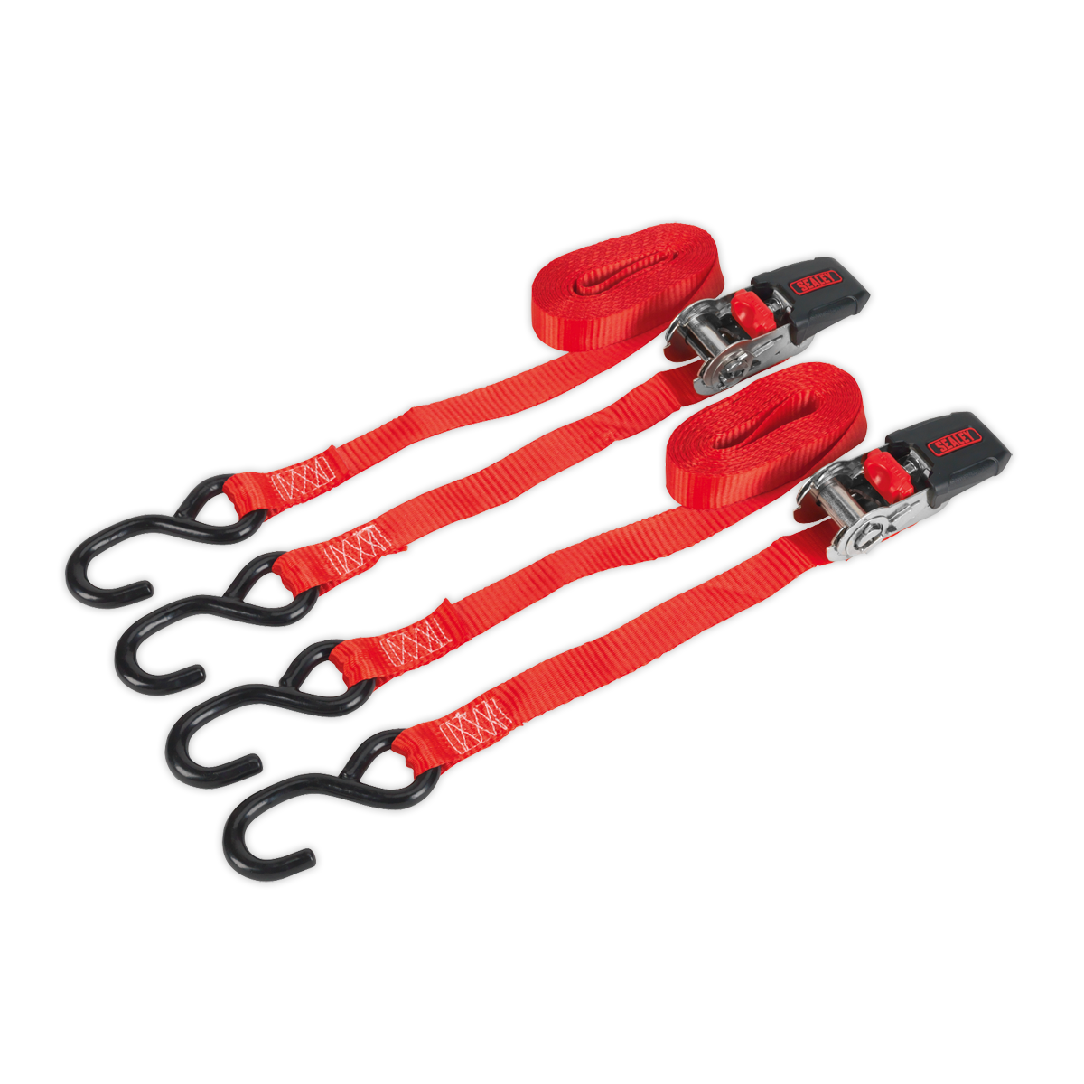 Sealey Ratchet Straps 25mm x 4m Polyester Webbing with S-Hooks 800kg Breaking Strength - Pair