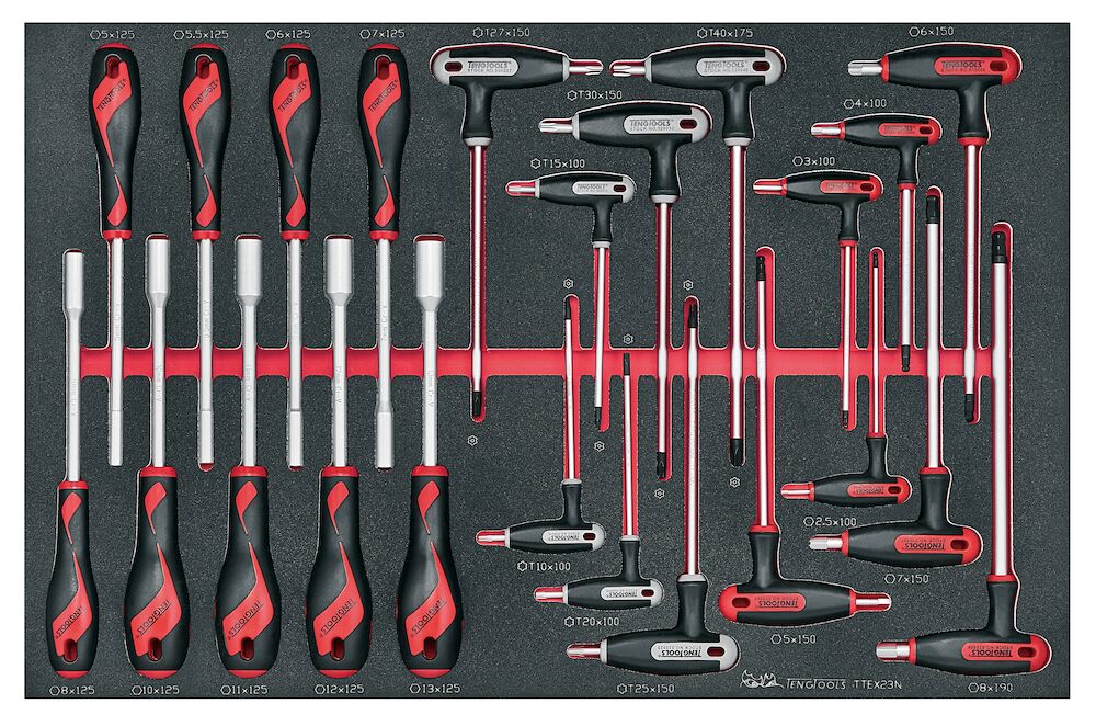 Teng Tools Nut Driver & Hex/TX T-Handle Set FOAM4X4 23 Pieces